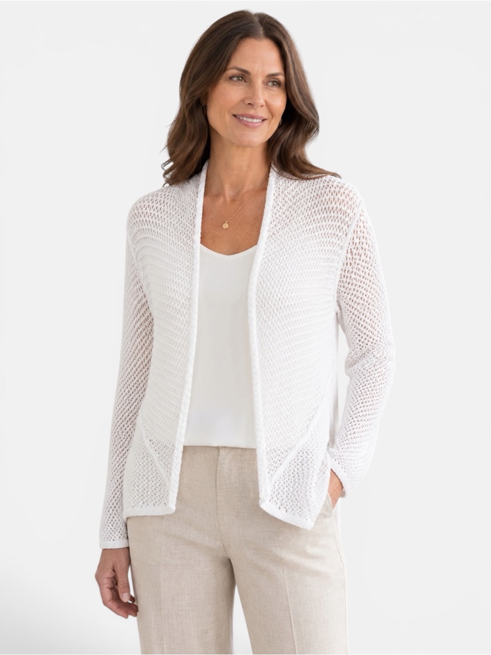 NIC+ZOE Mesh Stitch Cocoon Cardigan Open Front Cotton Paper White L NWT